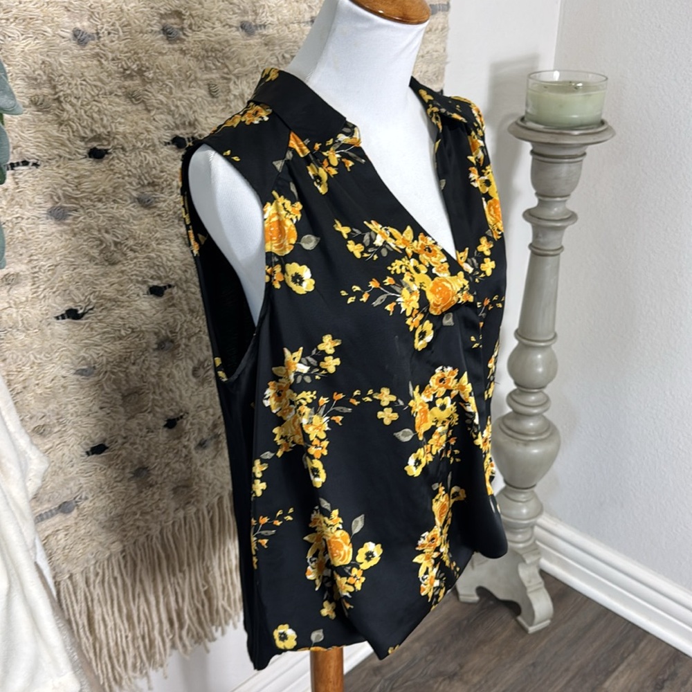 INC International Concepts Black and Yellow Floral sleeveless Blouse size XL - Picture 3 of 8